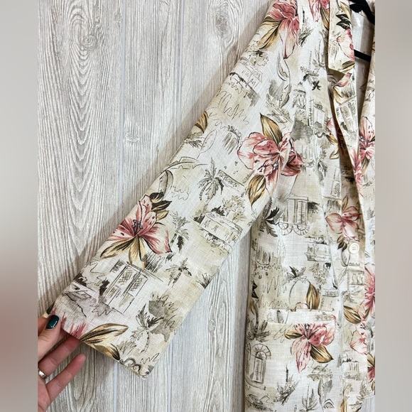 Vintage 90’s Floral Print Neutral Flax Blend Women's Blazer Size Large - Picture 4 of 13